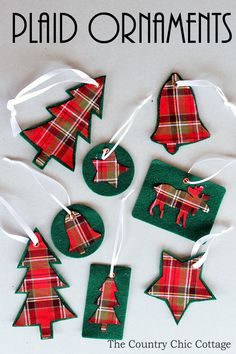 plaid ornaments are hanging from strings on a white background with text overlay