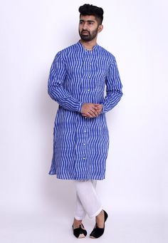 Readymade Cotton Kurta in Blue. This Collar Neck and Full Sleeve attire is Prettified with Buttons and Ikat woven and has Two Side Pockets. Do note: Bottom and Footwear shown in the image is for presentation purposes only. Half to one inch may vary in measurement. (Slight variation in actual color vs. image is possible) We sell all kinds of menswear. Mens Kurta | Mens Kurta Pajama | Mens Sherwani | Mens Sherwani Sets | Traditional Menswear | Partywear Menswear | Indian Mens Dresses | Diwali Kurt Blue Casual Kurta For Festive Occasions, Casual Blue Kurta For Festive Occasions, Blue Casual Festive Kurta, Blue Festive Casual Kurta, Casual Blue Festive Kurta, Casual Summer Blue Kurta, Casual Blue Summer Kurta, Casual Indigo Kurta For Summer, Traditional Blue Kurta For Spring