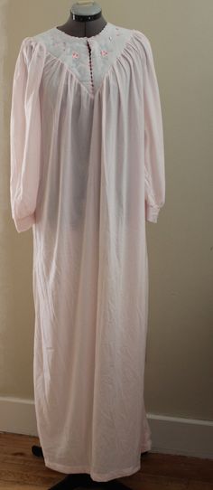 "Vintage ladies nightgown  New without tags Pink with pink flowers on yolk Armpit to armpit 15\" Sleeve length 19\" Armpit to bottom 47\" Nightgown has 1 button across the top" Flannel Nightgown, Pink Flannel, Women's Nightgowns, Nightgowns For Women, Pajama Robe, Nightgowns, Night Gown, Pink Flowers, Vintage Ladies