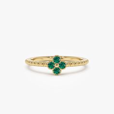 Emerald Ring / 14k Gold Emerald Clover Ring / Dainty Stacking Ring / Unique Emerald Trendy Ring / May Birthstone Birthday Gift ▶ Details   * Made to Order. * Gold KT: 14K Solid Gold (also available in 18K & Platinum upon request) * Custom Gold Color: Rose Gold, Yellow Gold, White Gold * Round Emeralds: 4 pcs x 2.0 MM  * Total CTW: 0.12 ctw * Ready to Ship in 3-10 Business Days ▶ See more of our Emerald Jewelry - https://etsy.me/3QCyZBQ  ▶ See our storefront here - http://etsy.me/2lUcVnH  ▶ All store sections here  Diamond Rings - http://etsy.me/2lwKUl8  * Diamond Earrings - http://etsy.me/2lyqVBP  * Diamond Necklace - http://etsy.me/2mqa6O1  * Diamond Bracelets - http://etsy.me/2mVrAB5  * Diamond Wedding Rings - https://etsy.me/3YbpVq2  * Gold Wedding Band - https://etsy.me/3X3uf9F  * Gold 14k Gold Birthstone Cluster Ring, Green 14k Gold Rings For Anniversary, Anniversary Emerald Cluster Ring With Birthstone, Fine Jewelry Cluster Ring With May Birthstone For Anniversary, Cluster Halo Ring In Yellow Gold For Gift, May Birthstone Cluster Ring For Anniversary, Emerald Cluster Ring In Yellow Gold For Promise, Green 14k Gold Cluster Ring For Anniversary, Yellow Gold Cluster Ring With Accent Stones For Promise