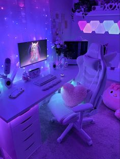 a room with purple lighting and a white chair in front of a computer desk that has a cat on it