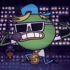 the cartoon character is wearing sunglasses and holding a cell phone in his hand while singing into a microphone