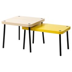 two yellow tables with black legs and one has a small table top on the bottom