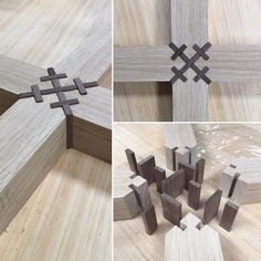 four different angles of wood with crosses on them