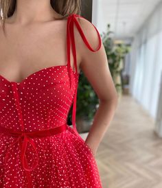 Details: -Dotted tulle fabric -Red scarlet color -Tea length style with decorative straps Teuta Matoshi, Column Wedding Dress, Navy Prom Dresses, Casual Wedding Guest Dresses, Homecoming Dress Short, Beach Wedding Guest Dress, Beach Wedding Dress Boho, Stunning Prom Dresses, White Prom Dress