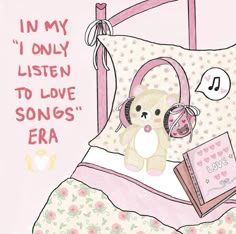 a teddy bear is laying in bed with headphones on and an open book next to it