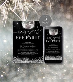 the new years eve party flyer is displayed next to an image of fireworks and sparkle