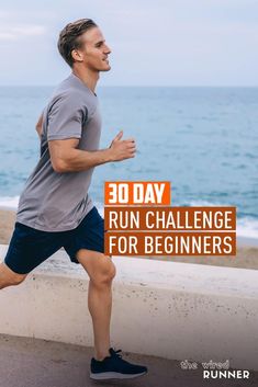 a man running on the beach with text reading 30 day run challenge for beginners