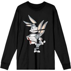 Hang out with your favorite Looney Tunes character when you get this Looney Tunes classic cartoon character Bugs Bunny split Mens black long sleeve graphic tee! The Looney Tunes classic cartoon character fan apparel is a Mens black graphic tee shirt made of 100percent high-quality, pre-shrunk, ring spun cotton jersey material and has a long sleeve design that looks great and is comfortable to wear in cool weather. The Looney Tunes classic cartoon Mens fan merchandise features a bold graphic of a Long Sleeve Tops With Cartoon Print, Black Long Sleeve Top With Character Print, Black Long Sleeve Pop Culture Top, Long Sleeve Cartoon Print Pop Culture Tops, Pop Culture Cartoon Print Long Sleeve Tops, Black Graphic Tee With Cartoon Print, Black Long Sleeve Shirt Men, Long Sleeve T-shirt With Character Print For Streetwear, Bugs Bunny Hoodie