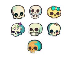 six cartoon skulls with bows on their heads, all in different colors and sizes are shown