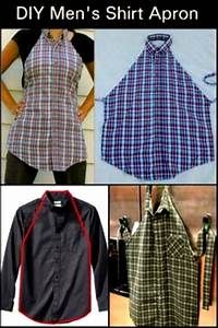 four different types of aprons are shown in this collage with the words, diy men's shirt apron