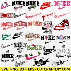 some different types of nike logos on a wooden background with the words swg png dxf eps - brings lv