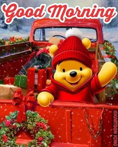 winnie the pooh christmas card with presents in bed and teddy bear sitting on truck