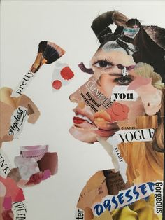 collage of woman's face surrounded by words and images that include hair, lipstick, lips, lashes