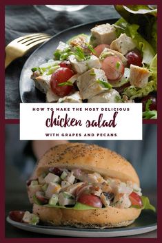 chicken salad with pecans and grapes on a sandwich bun