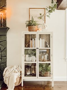 a book shelf with books and plants on it in front of a fireplace mantel