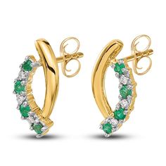 A curve of dazzling round natural emerald gemstones is embellished by shimmering diamond accents in these vibrant women's earrings. A high-polish teardrop nestles the curve to complete the look. Fashioned in 14K yellow gold, the earrings secure in place with friction backs. Fine Jewelry Emerald Diamond Earrings, Gold Book, Jared The Galleria Of Jewelry, Earrings Diamond, Emerald Earrings, Emerald Stone, Gold Price, White Earrings, Emerald Gemstone