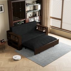 a living room with a futon bed and bookshelf next to a window