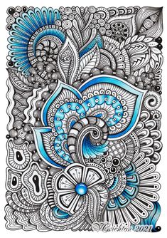 an intricate drawing with blue and white colors