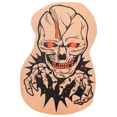 a wooden sticker with an image of a creepy clown on it's face