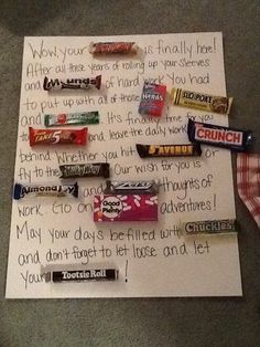 a note with candy bars on it