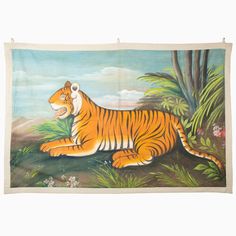 a painting of a tiger laying on the ground in front of some trees and flowers