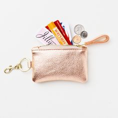 "This sweet little keychain wallet is created with FOUR super supple metallic leather color choices (rose gold, platinum, silver, or gold). It can hold your spare chain, credit cards, business cards as well a a bit of cash in a small and secure little package. It's also makes a great gift card presenter. D E T A I L S: * 100% cowhide leather. * Wallet Dimensions: Width 5\" / Height 3.25\" * Keyring with Swivel Snap Dimensions: Length 2.75\" / Width 1.25\" * UNLINED suede finish leather interior. Cash Holder, Handcrafted Handbags, Wallet Keychain, Gold Keychain, Leather Zip Pouch, Keychain Wallet, Credit Card Wallet, Cute Keychain, Monogrammed Leather