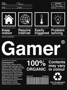 the label for gamer's organic products is shown in white on black background