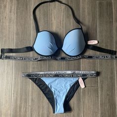 Victorias Secret: Top Size 34d, Bottoms Size M. Double Banded Bikini Blue Push-up Swimwear For Beachwear, Blue Push-up Swimwear With Built-in Bra, Neon Bikinis, Victoria Secret Swim, Cheeky Bikinis, Victoria's Secret, Womens Swim