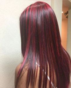 Small Red Highlights In Brown Hair, Chunk Red Highlights, Cherry Red Hair On Brown Hair, Chunky Red Highlights On Brown Hair, Red Frosted Tips Hair, Red Hilights In Brown Hair Brunettes, Cherry Red Skunk Hair, Deep Cherry Red Hair Highlights, Red Highlights On Red Hair