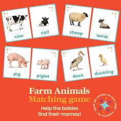 farm animals matching game for children to learn their names and colors with pictures on them