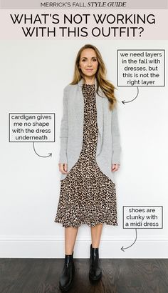 How to style a dress for fall Wearing A Cardigan With A Dress, How To Wear Cardigans With Dresses, Style Maxi Dress For Fall, How To Style A Dress For Fall, Boxy Dress Outfit, Transition To Fall Outfits, Midi Dress With Cardigan, Dress With Cardigan Outfit, Cardigan Over Dress