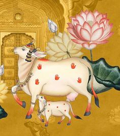 a painting of a cow and her calf in front of a lotus flower with two birds