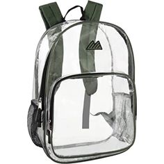 Our classic backpack style now comes as a waterproof (unlike a mesh bag), clear, durable backpack. Ideal for getting through TSA security airport regulations and checkpoints, and is compliant with most school and workplace requirements. The same is true for most of your favorite sports stadiums. GO TEAM! You can even personalize your look with its colored trim. Wear team colors, choose your favorite color, or show school spirit! The easy to clean surface inside and out means that your knapsack s Clear Backpacks, Stylish School Bags, Clear Backpack, Water Bottle Holder, Luggage Backpack, Grey Trim, Water Bottle Holders, Classic Backpack, Clear Bags