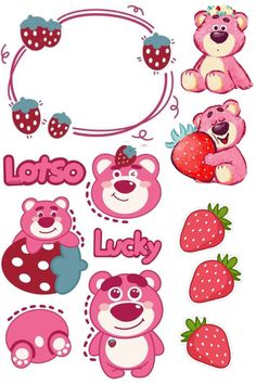 some pink teddy bears and strawberries on a white background