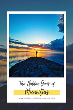 a person standing on top of a rock next to the ocean at sunset with text overlay