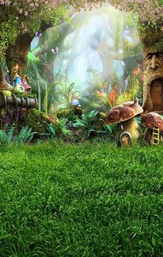 an image of a forest scene with mushrooms and fairy houses in the grass, surrounded by trees