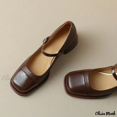 Olivia Mark - Premium Leather Mary Jane Shoes with Square Toe, Dress Buckle, and Fashionable Chunky Heels Mary Jane Shoes Heels, Medium Heel Shoes, Brown Mary Janes, Chunky Ankle Boots, Rough Heels, Work Shoes Women, Brown Dress Shoes, Elegant Heels, Chunky High Heels