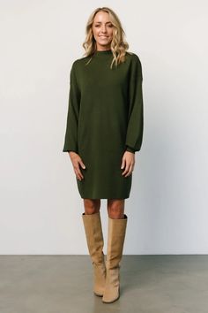 Get a sophisticated look with our Jennings Sweater Short Dress! It features a mock neck and chic silhouette. Available in S-3XL. Green Long Sleeve Mini Dress For Winter, Khaki Fall Dress, Solid Color Khaki Fall Dress, Khaki Dress For Fall, Green Stretch Dresses For Winter, Fall Season High Neck Green Dress, Dark Green Fitted Long Sleeve Midi Dress, Green High Neck Dress For Fall, Fitted Long Sleeve Dark Green Midi Dress