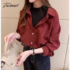 Tavimart Elegant Long Sleeve Casual Shirt Top Women Autumn Winter Solid Color O Neck Sweet Vintage Loose Korean Two Fake Pieces Tank Red Collared Solid Color Shirt, Red Solid Color Collared Shirt, Trendy Red Winter Blouse, Casual Burgundy Collared Top, Casual Long Sleeve Burgundy Blouse, Casual Red Blouse For Winter, Doc Loafers, Shop Board, Street Smarts