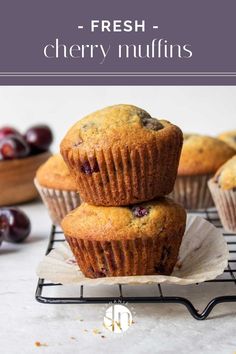 fresh cherry muffins stacked on top of each other