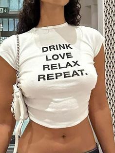 DRINK LOVE RELAX REPEAT Letter Print Ruched Cut Out T-shirt - AnotherChill Women Streetwear Summer, Womens Summer Shorts, Streetwear Mode, Streetwear Summer, Urban Wear, Streetwear Women, Look Casual, Casual Streetwear, Casual Wardrobe