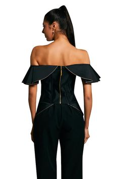 Black structured quilted corset, ruffled off shoulder neckline with golden trim. - Aza Fashions Quilted Corset, Off Shoulder Neckline, Structured Corset, Corset Pattern, Ruffle Fabric, Aza Fashion, Black Blouse, Shoulder Sleeve, Types Of Sleeves