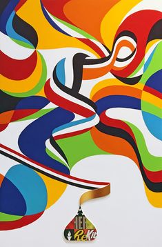 an abstract painting with multicolored lines and shapes on the wall next to a clock