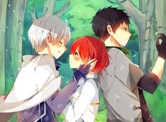 three anime characters standing in front of some trees and grass with their arms around each other