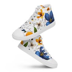 Beautiful Hawaiian wild flower print, perfect for adding a touch of tropical vibes to your outfit. The classic comfortable, stylish high top canvas shoes will be a great addition to your wardrobe. * 100% polyester canvas upper side * Ethylene-vinyl acetate (EVA) rubber outsole * Breathable lining, soft insole * Faux leather toe cap * Padded collar, lace-up front * Blank product sourced from China Important: This product is available in the following countries: United States, Canada, Australia, United Kingdom, New Zealand, Japan, Austria, Andorra, Belgium, Bulgaria, Croatia, Czech Republic, Denmark, Estonia, Finland, France, Germany, Greece, Holy See (Vatican city), Hungary, Iceland, Ireland, Italy, Latvia, Lithuania, Liechtenstein, Luxemburg, Malta, Monaco, Netherlands, Norway, Poland, Por Floral Print High-top Sneakers For Streetwear, High-top Floral Print Sneakers For Spring, Cotton Sneakers With Floral Print For Spring, Spring Canvas High-top Sneakers, Spring Cotton High-top Sneakers, Spring Floral Print Cotton Sneakers, White High-top Sneakers With Floral Print, White Floral Print Canvas Shoes For Spring, Spring Casual Mid-top Canvas Shoes