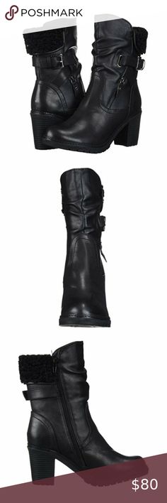 ZIGI SOHO Fashion Black Calf Boot These are a pair of Zigi Soho's stylish and chic calf gorgeous boots. They will make anyone feel both glitzy and glamorous for a day or night around town. Perfect for just about any form of attire or occasion. These boots are black and have round toe with synthetic upper, an exposed zipper on the top right side and buckled strap. Fashion polyester faux fur collar on back top of the boots. Shaft height is 10" circumference is 15". Lining and insole is soft fabric Black Mid-calf Closed Toe Boots, Black Wedge Boots With Round Toe And Medium Width, Black Wedge Heel Winter Boots, Black Mid-calf Boots With Flat Heel, Medium Width, Black Mid-calf Boots With Flat Heel, Black High Heel Moto Boots Medium Width, Black Moto Boots With Flat Heel And Medium Width, Gorgeous Boots, Exposed Zipper