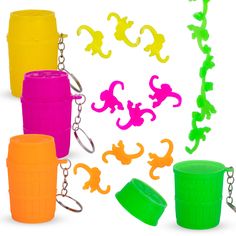 several different colored plastic containers and chains