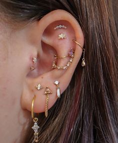 Solid 14k gold ear curation using pieces from Buddha Jewelry Two Piercings, Upper Lobe, Gold Hoop Earring, Pretty Ear Piercings, Second Piercing, Ear Style, Ear Stack, Piercing Tattoo, Jewelry Inspo