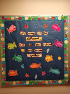 a bulletin board with different types of fish and words written on it in bright colors